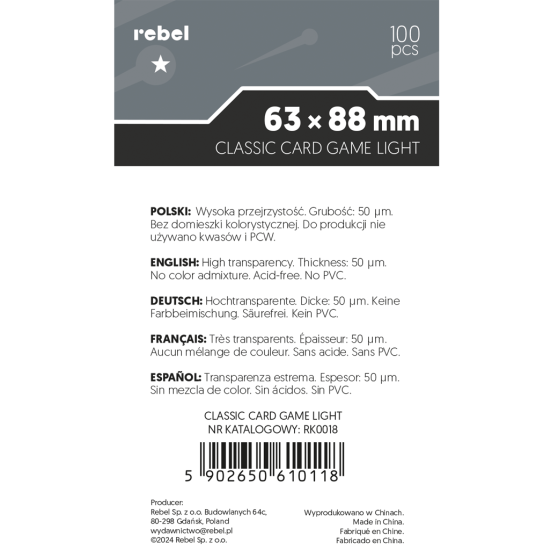 Koszulki na karty Rebel (63x88 mm) Corvus Light, 100 sztuk